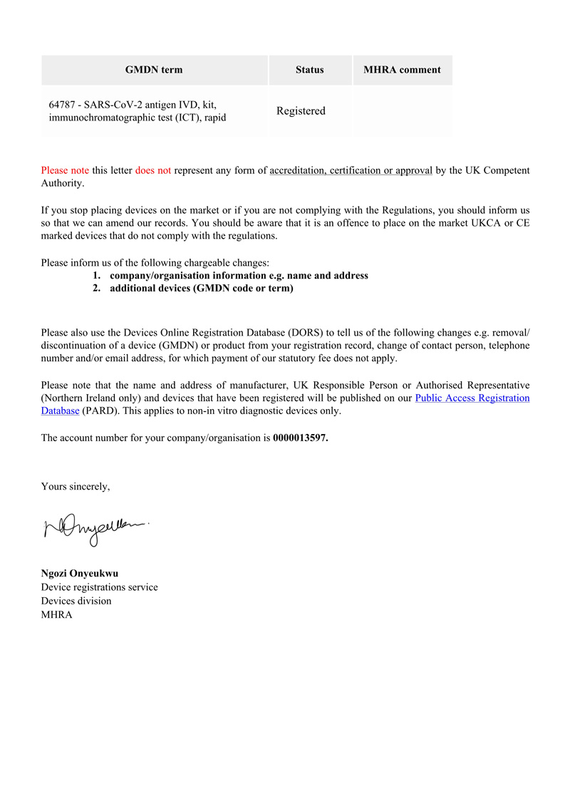 MHRA pour la cassette 2 de test d'antigène COVID-19